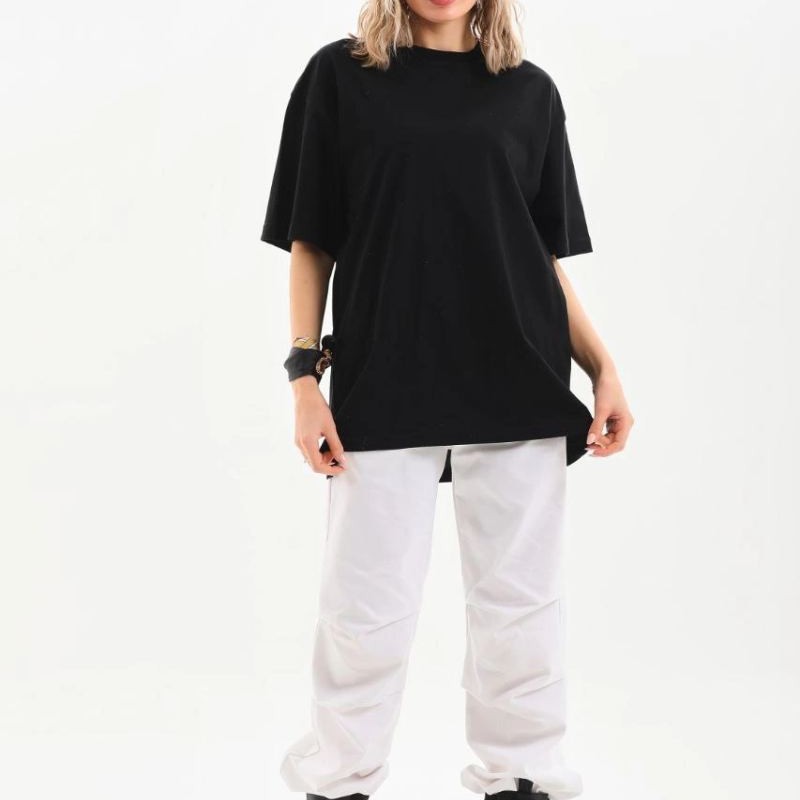 Kadın Düz  Kısa kol Penye T-shirt - Siyah